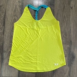 Under Armour Heat Gear Semi Fitted Size Large Neon Yellow Teal braided Tank Top